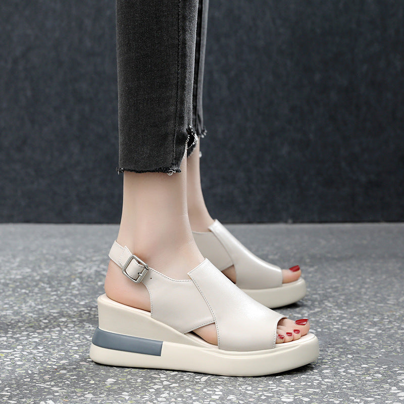 Wholesale Leather Thick Sole Slope Heel Sandals